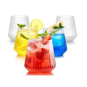 12oz Ribbed Stemless Wine Glasses Clear Plastic Reusable Cocktail Cups 36 pc Set